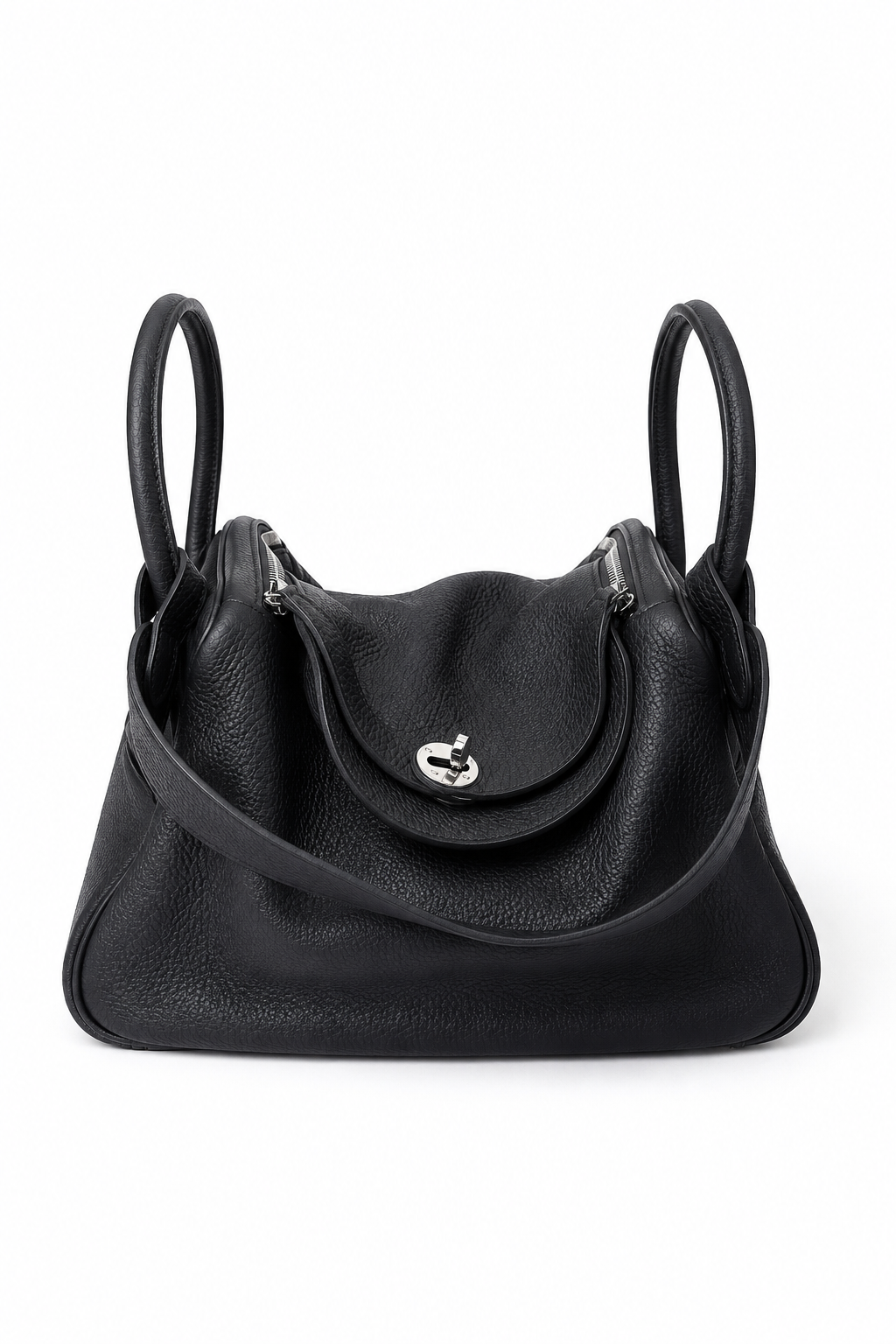 Sac Hermès Lindy 26 en cuir Clémence noir avec attributs palladium