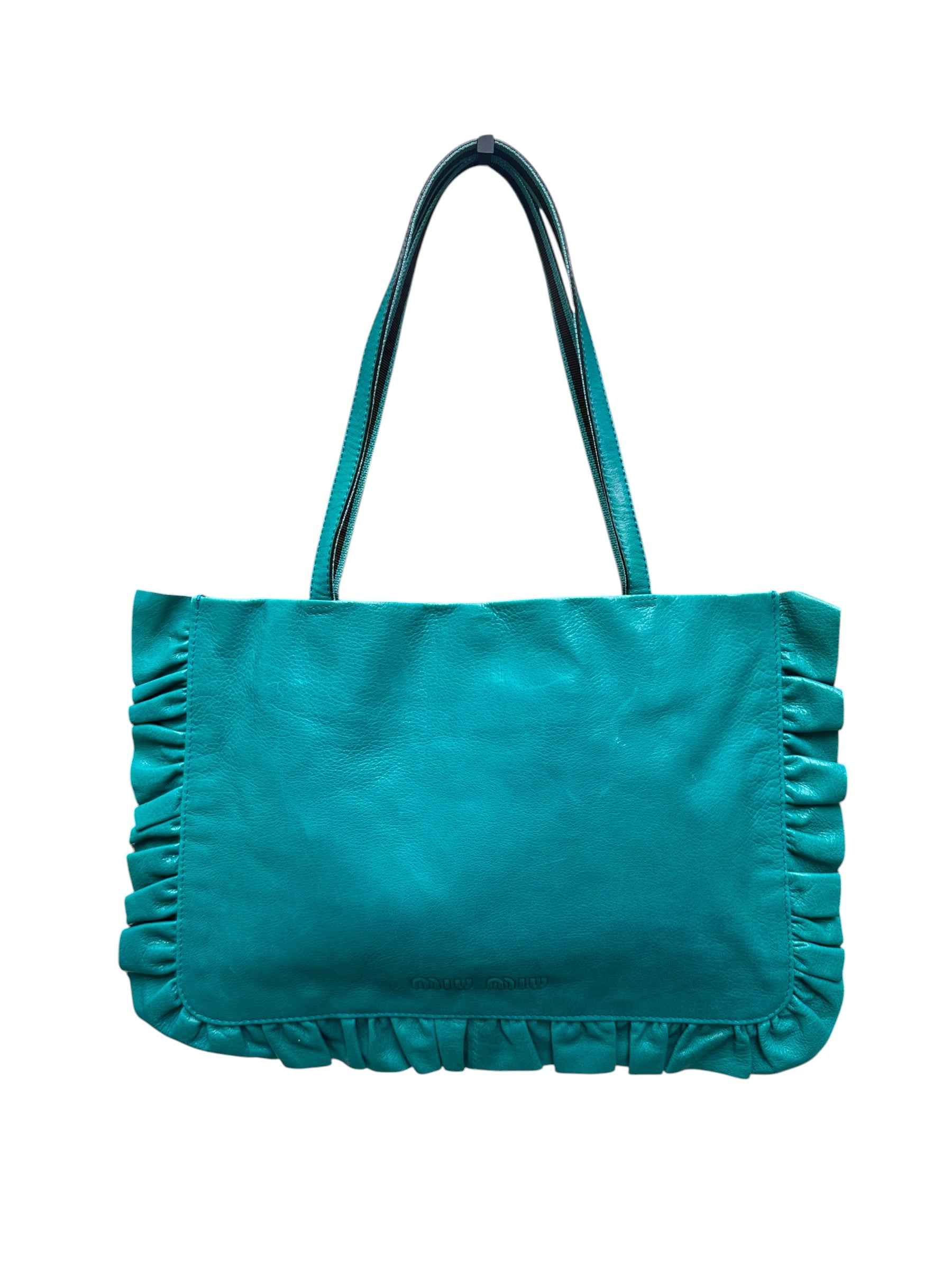Miu Miu Turquoise Leather Ruffle Tote Bag