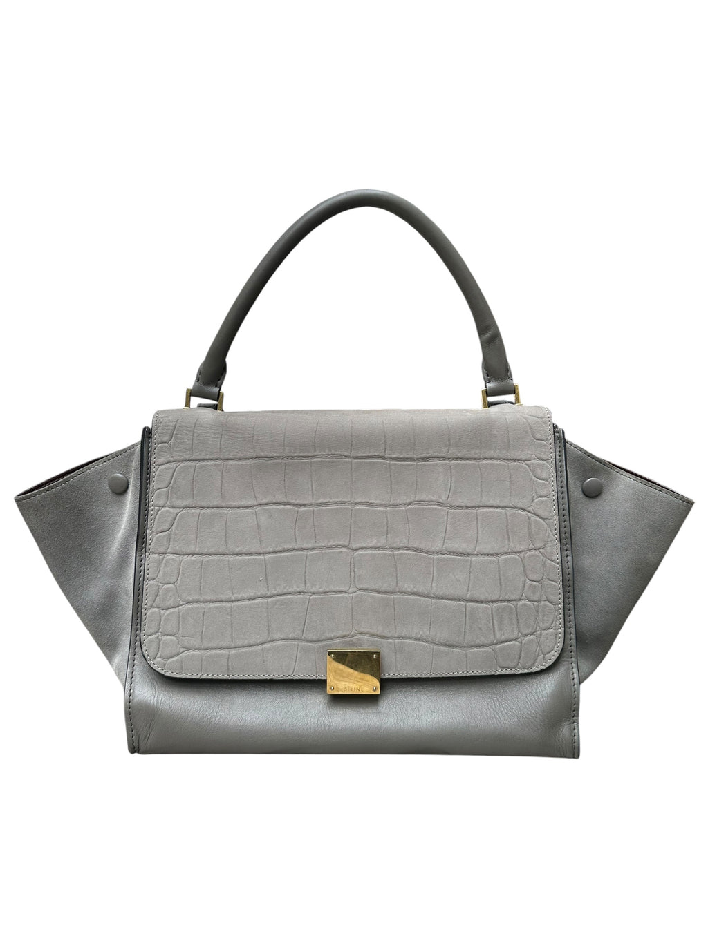Celine Trapeze Grey Leather Handbag with Crocodile-Embossed Flap