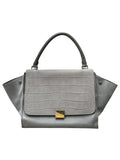 Celine Trapeze Grey Leather Handbag with Crocodile-Embossed Flap