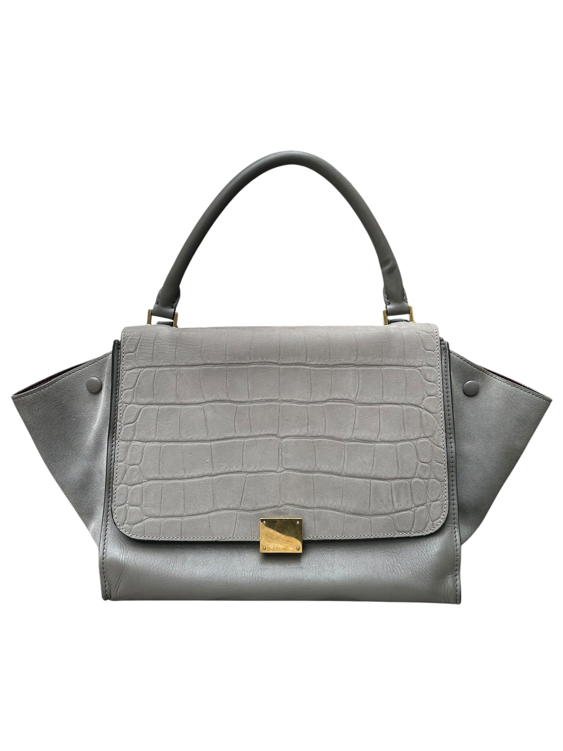 Celine Trapeze Grey Leather Handbag with Crocodile-Embossed Flap