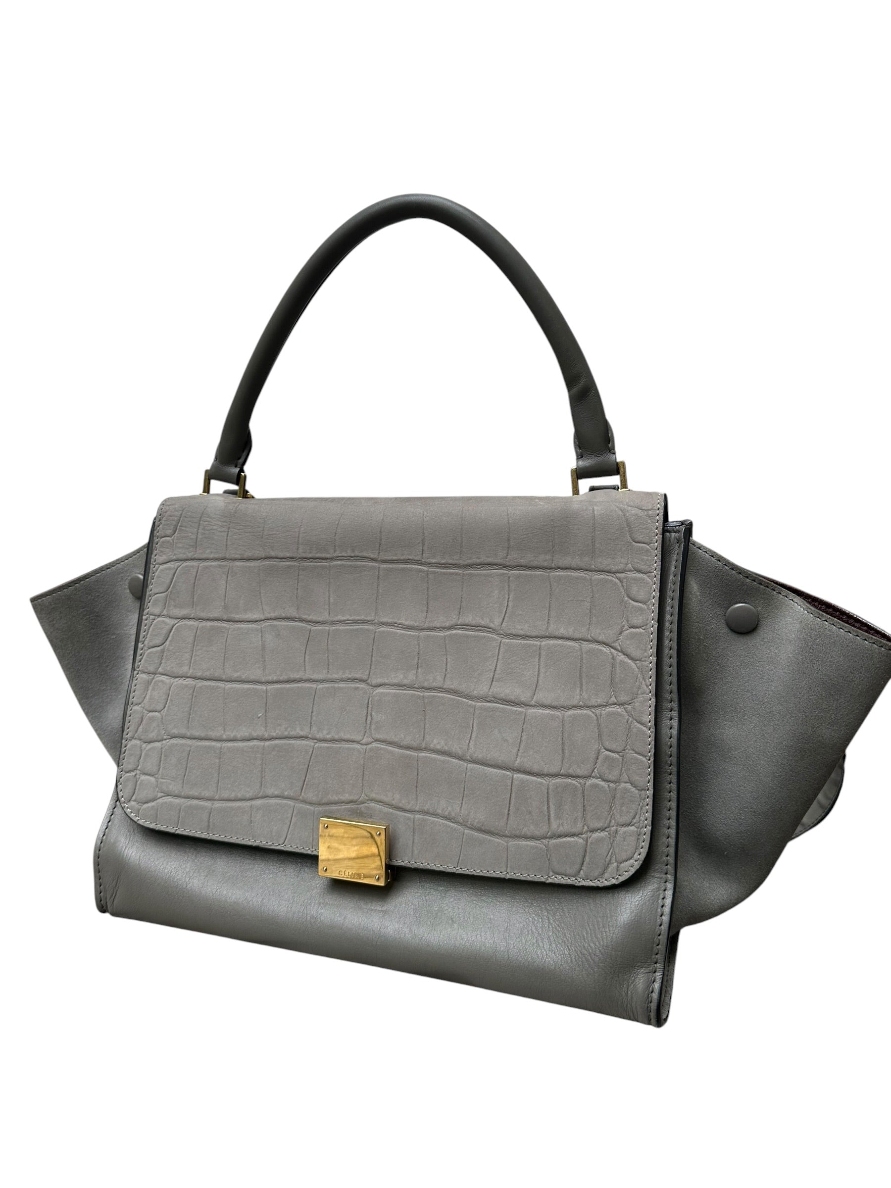 Celine Trapeze Grey Leather Handbag with Crocodile-Embossed Flap