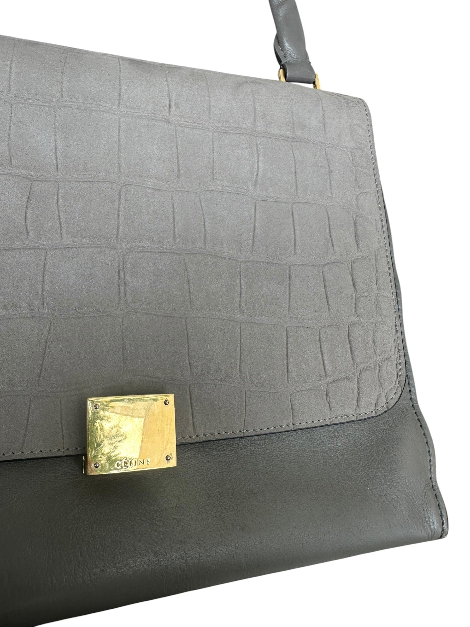 Celine Trapeze Grey Leather Handbag with Crocodile-Embossed Flap