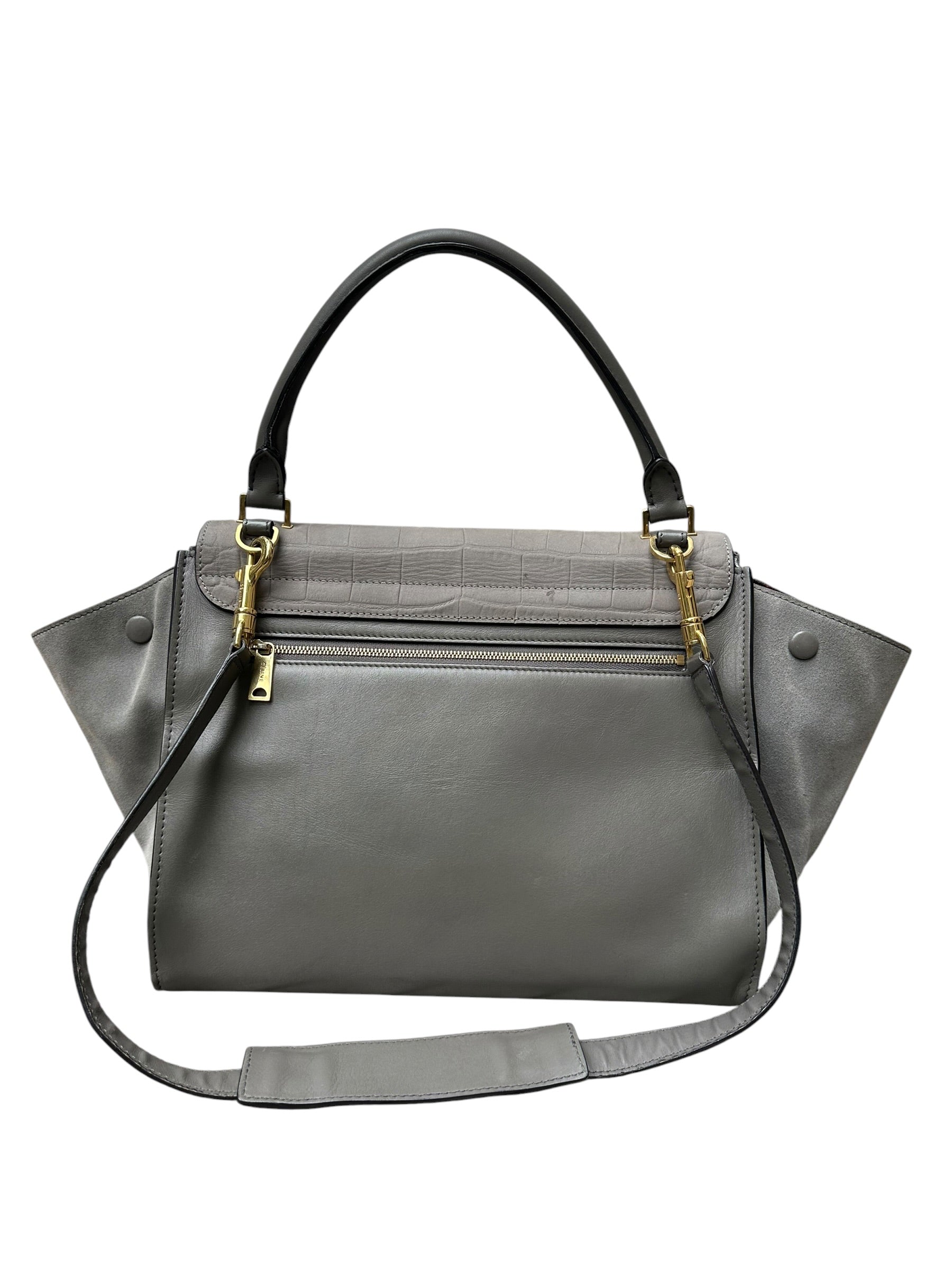 Celine Trapeze Grey Leather Handbag with Crocodile-Embossed Flap