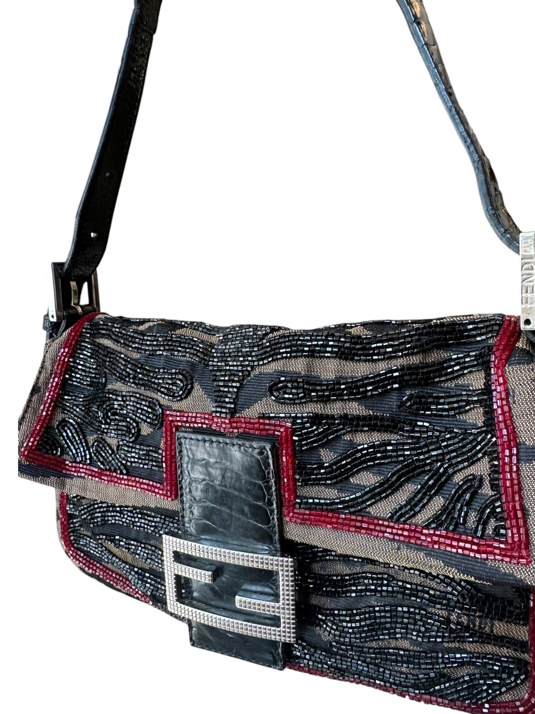 Fendi Vintage Baguette Embroidered Beaded Shoulder Bag