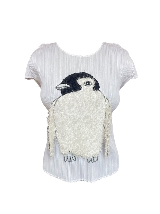 Issey Miyake - Pleated White Top with Textured Penguin Motif