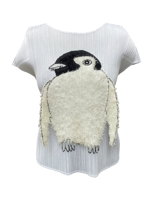 Issey Miyake - Pleated White Top with Textured Penguin Motif