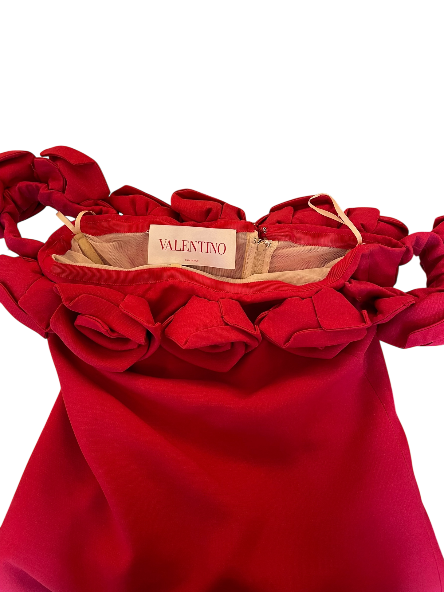 Valentino red mini dress with 3D floral neckline luxury resale.