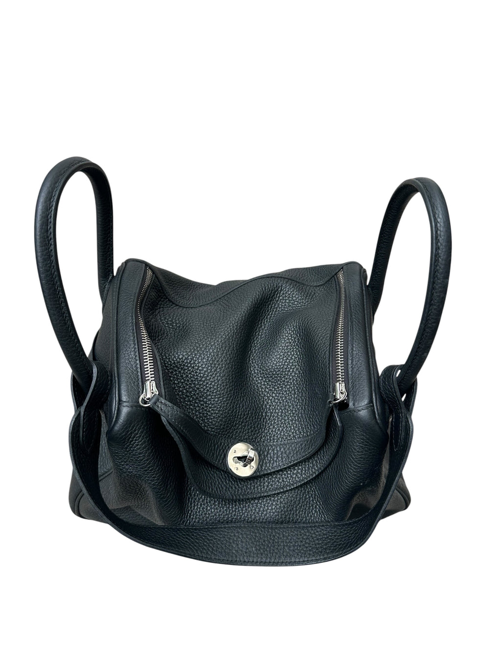 Sac Hermès Lindy 26 en cuir Clémence noir avec attributs palladium